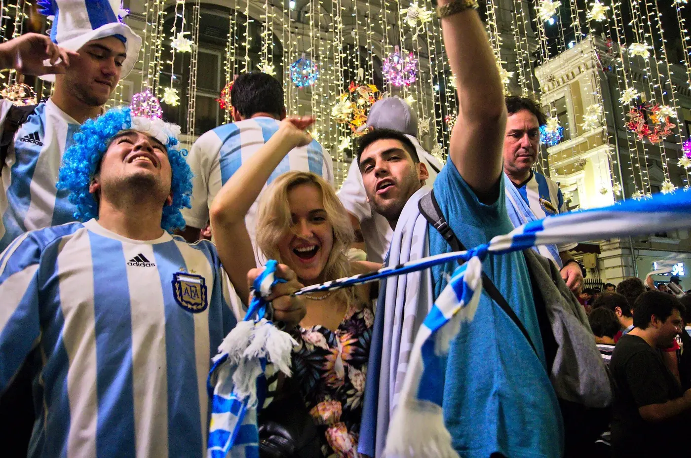 Argentina supporters wave sky-blue and white flags in a packed stadium as Argentina beat Switzerland 3-1 after extra time in the World Cup 2026 quarter-final in Kansas City on July 11